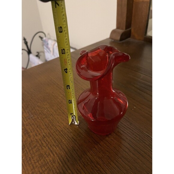Vintage Hand Blown Ruby Red Cranberry Art Glass 5 Inch Cruet With Ruffled Top - Picture 7 of 7